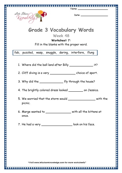  grade 3 vocabulary worksheets Week 48 worksheet 7