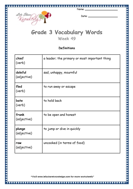grade 3 vocabulary worksheets Week 49 definitions
