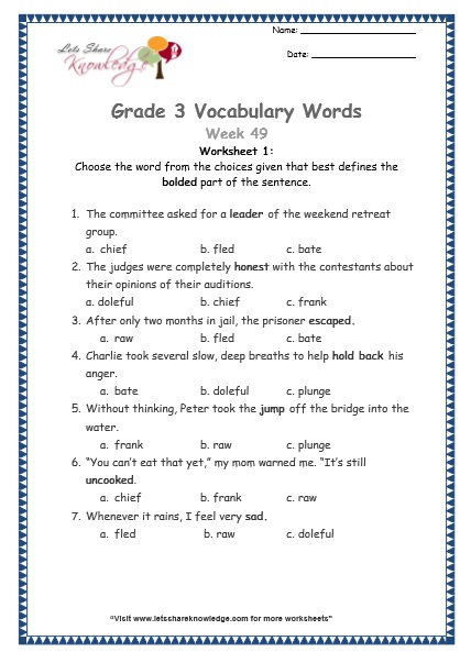 grade 3 vocabulary worksheets Week 49 worksheet 1