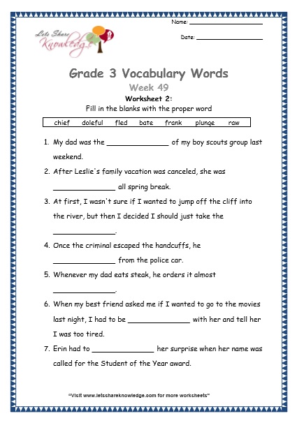 grade 3 vocabulary worksheets Week 49 worksheet 1