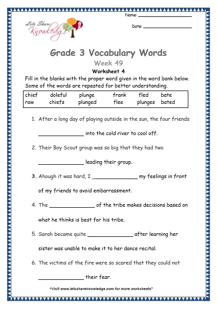  grade 3 vocabulary worksheets Week 49 worksheet 4