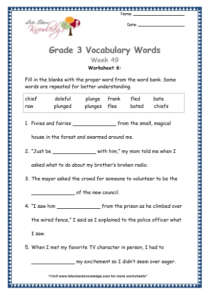  grade 3 vocabulary worksheets Week 49 worksheet 6