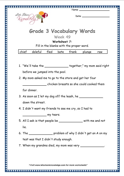  grade 3 vocabulary worksheets Week 49 worksheet 7