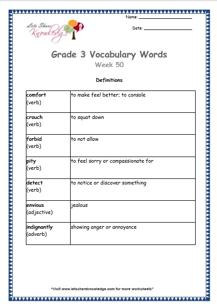 grade 3 vocabulary worksheets Week 50 definitions