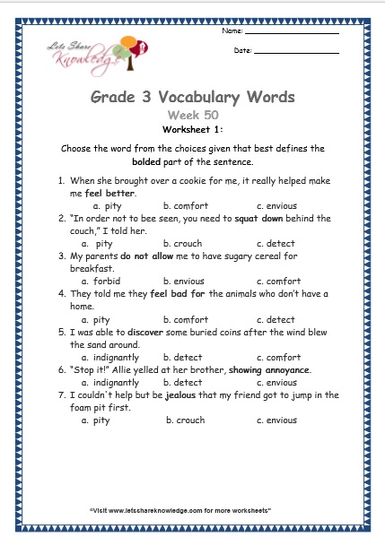 grade 3 vocabulary worksheets Week 50 worksheet 1