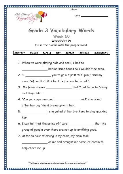 grade 3 vocabulary worksheets Week 50 worksheet 1