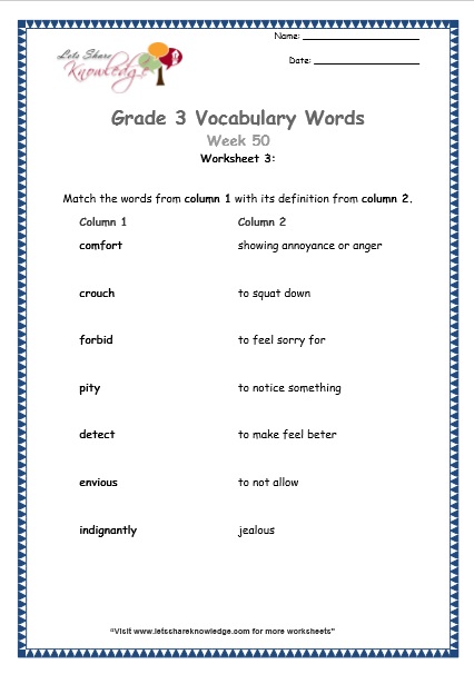  grade 3 vocabulary worksheets Week 50 worksheet 3