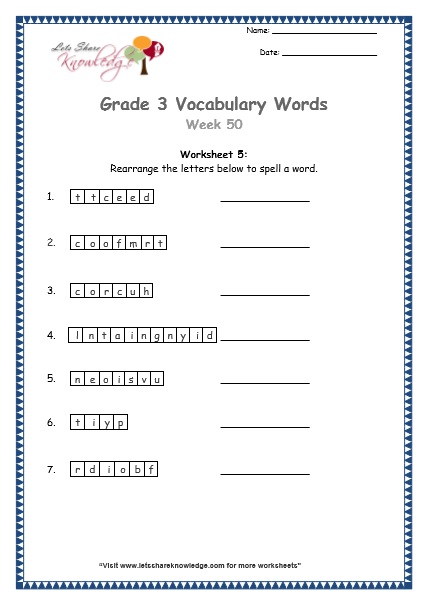  grade 3 vocabulary worksheets Week 50 worksheet 5