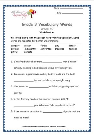 comfort, crouch, forbid, pity, detect, envious, indignantly - grade 3 vocabulary