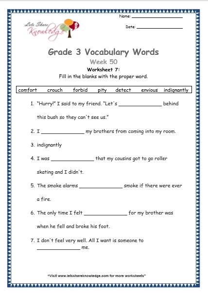  grade 3 vocabulary worksheets Week 50 worksheet 7