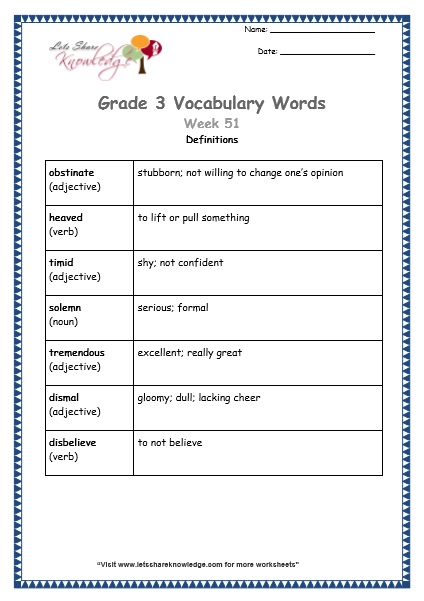 grade 3 vocabulary worksheets Week 51 definitions