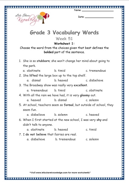 grade 3 vocabulary worksheets Week 51 worksheet 1