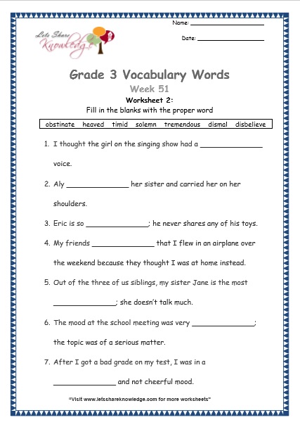 grade 3 vocabulary worksheets Week 51 worksheet 1