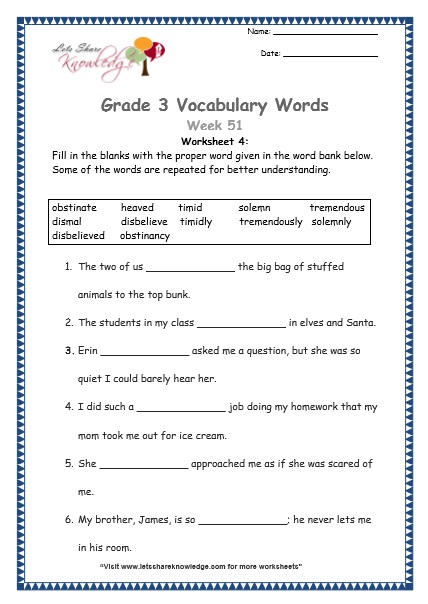  grade 3 vocabulary worksheets Week 51 worksheet 4