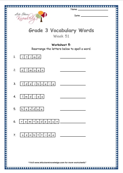  grade 3 vocabulary worksheets Week 51 worksheet 5