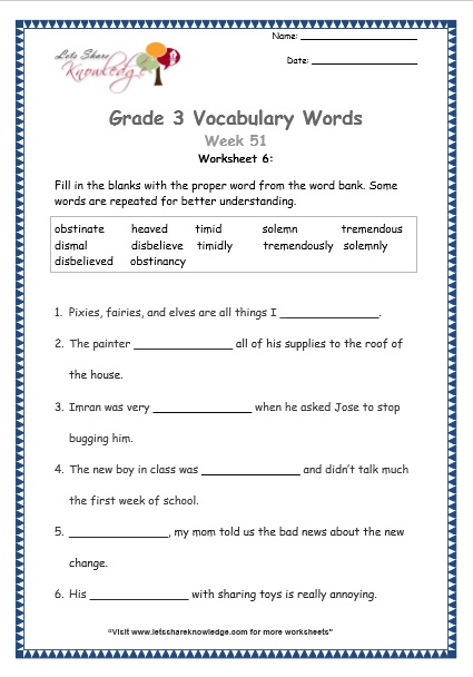  grade 3 vocabulary worksheets Week 51 worksheet 6