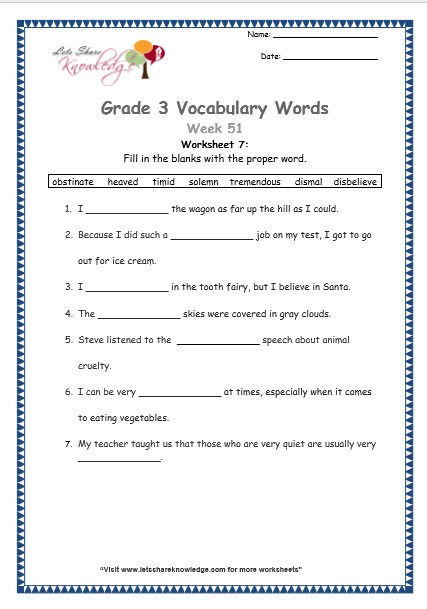  grade 3 vocabulary worksheets Week 51 worksheet 7