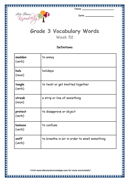 grade 3 vocabulary worksheets Week 52 definitions