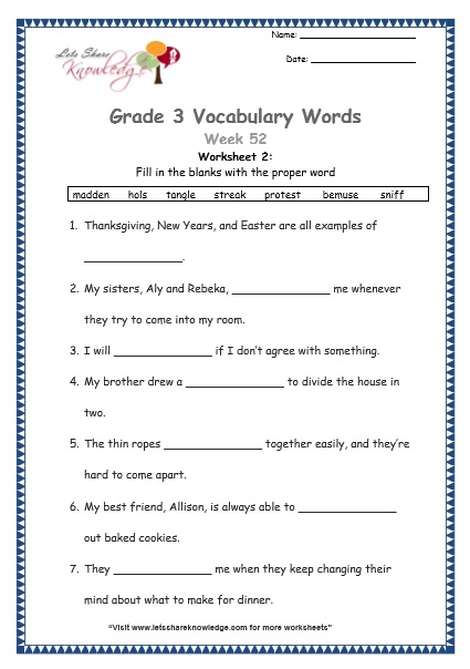 grade 3 vocabulary worksheets Week 52 worksheet 1
