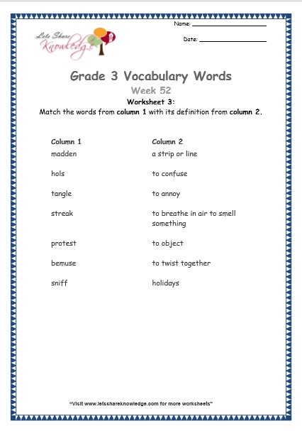  grade 3 vocabulary worksheets Week 52 worksheet 3