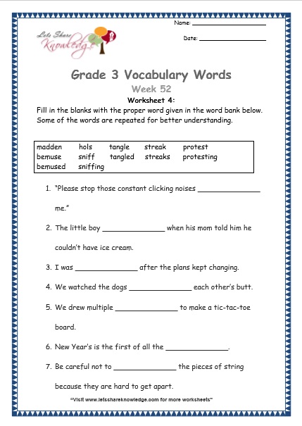 grade 3 vocabulary worksheets week 52 lets share knowledge