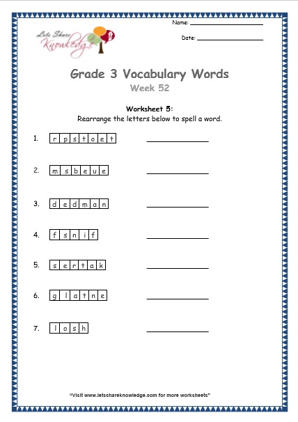  grade 3 vocabulary worksheets Week 52 worksheet 5