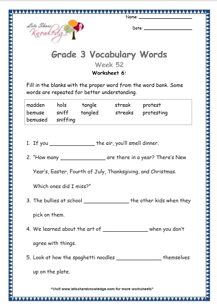  grade 3 vocabulary worksheets Week 52 worksheet 6