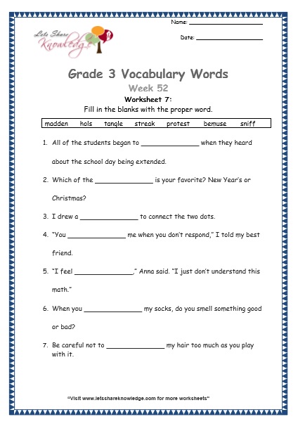  grade 3 vocabulary worksheets Week 52 worksheet 7