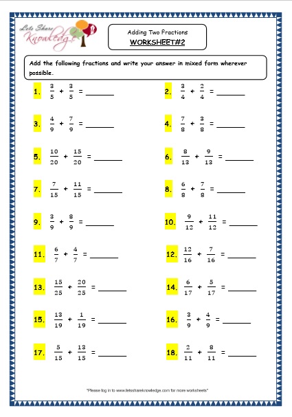  Adding Two Fractions Printable Worksheets 