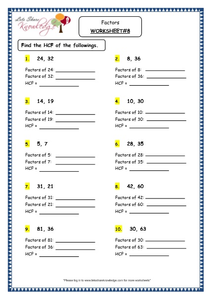 Grade 4 Maths Resources (1.9 Factors Printable Worksheets)