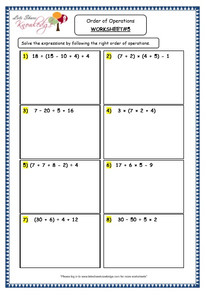 Grade 4 Maths Resources (1.8 Order of Operations Printable Worksheets ...