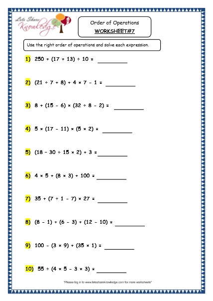 Grade 4 Maths Resources (1 8 Order of Operations Printable Worksheets