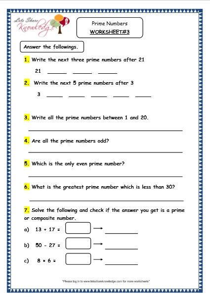 Prime Numbers Worksheet Grade 4 Pdf