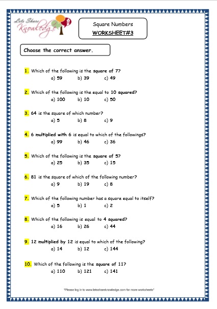 Grade 4 Maths Resources 1 12 Square Numbers Printable Worksheets Lets Share Knowledge