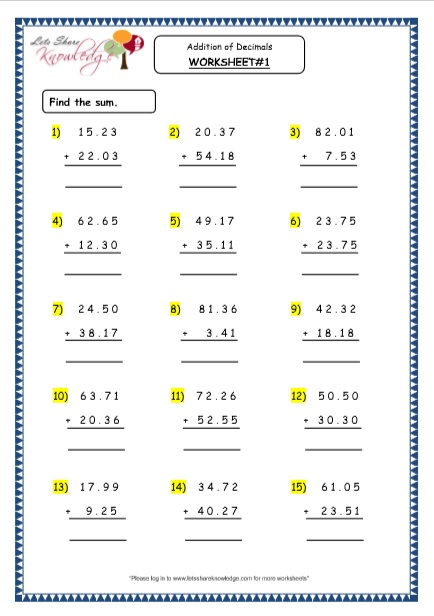 grade 4 maths resources 35 addition of decimals printable worksheets