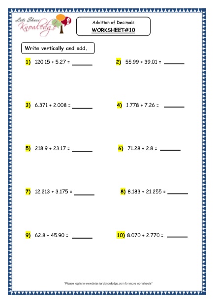 Grade 4 Maths Resources (3.5 Addition Of Decimals Printable Worksheets 