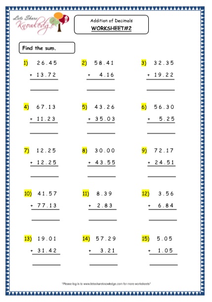 Grade 4 Maths Resources (3.5 Addition of Decimals Printable Worksheets ...