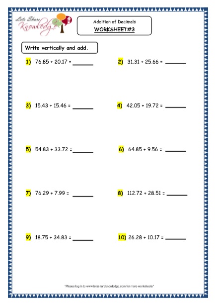  Addition of Decimals Printable Worksheets Worksheets