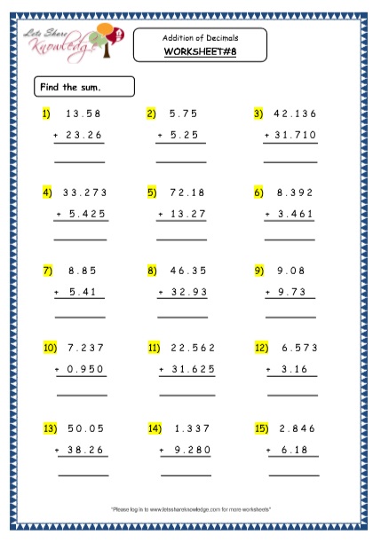  Addition of Decimals Printable Worksheets Worksheet
