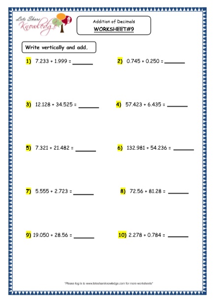 Grade 4 Maths Resources (3.5 Addition of Decimals Printable Worksheets ...