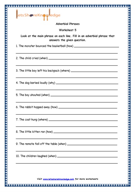 Grade 4 English Resources Printable Worksheets Topic: Adverbial Phrases