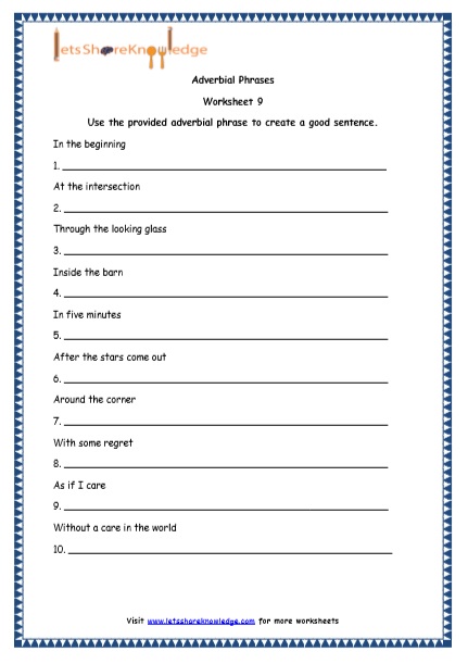 Grade 4 English Resources Printable Worksheets Topic Adverbial Phrases 