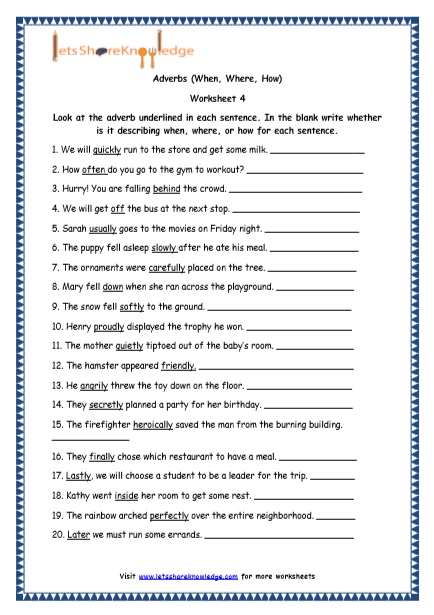 Grade 4 English Resources Printable Worksheets Topic: Adverbs and