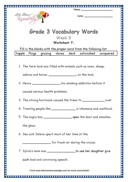  grade 3 vocabulary worksheets Week 5 worksheet 7