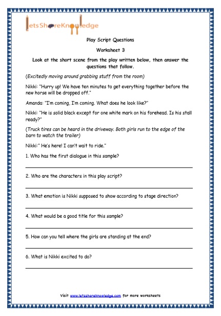 Grade 4 English Resources Printable Worksheets Topic: Play Script