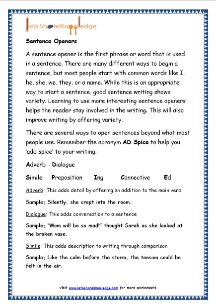  Sentence Openers Printable Worksheets
