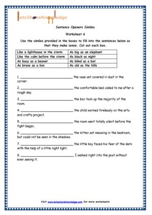 Grade 4 English Resources Printable Worksheets Topic: Sentence Openers