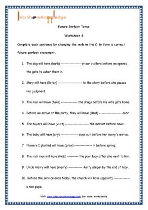 Grade 4 English Resources Printable Worksheets Topic: Future Perfect Tenses