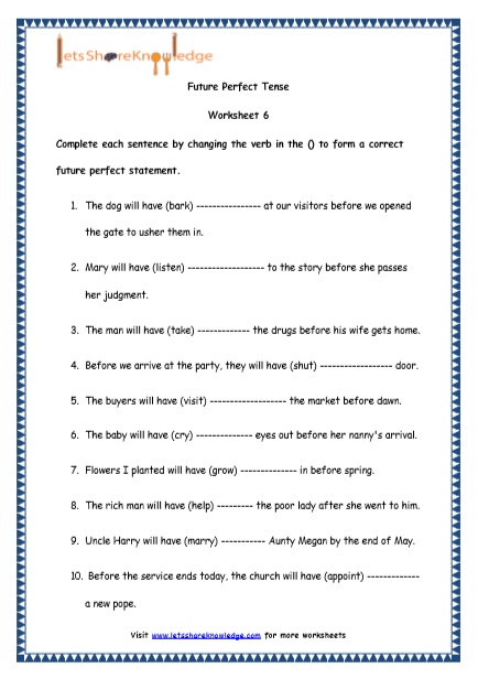 Grade 4 English Resources Printable Worksheets Topic: Future Perfect Tenses