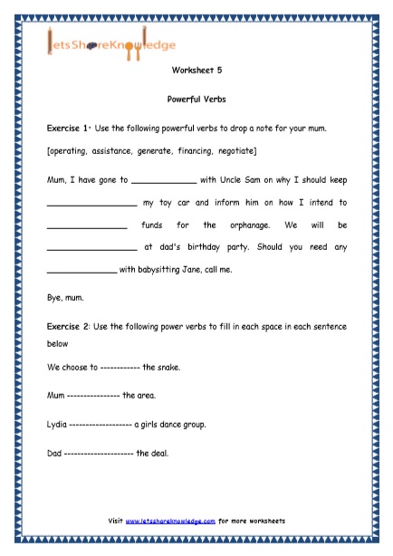 Grade 4 English Resources Printable Worksheets Topic: Powerful Verbs